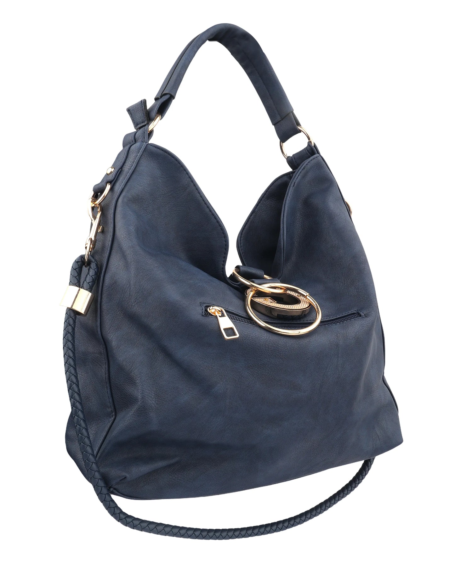 The "Celeste" Ring-Detail Slouchy Hobo Bag - Navy & Gold