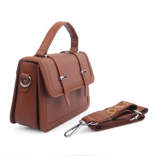 Brown Satchel Handbag for Women - Faux Leather & Canvas