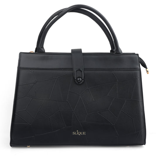 Black Structured Tote Bag for Women - Professional Work Handbag