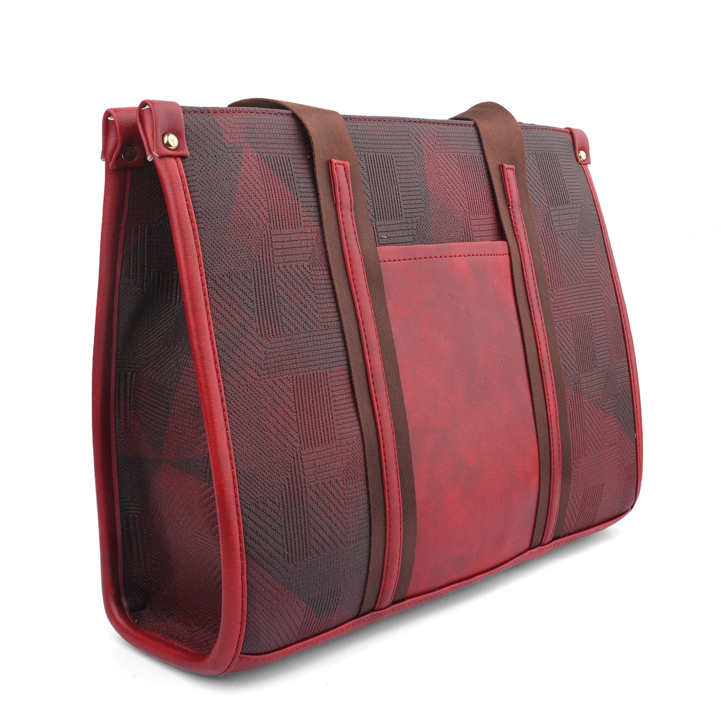 A 2-in-1 ladies handbag set in burgundy and black, featuring a large geometric print tote bag and a matching smaller zippered pouch.