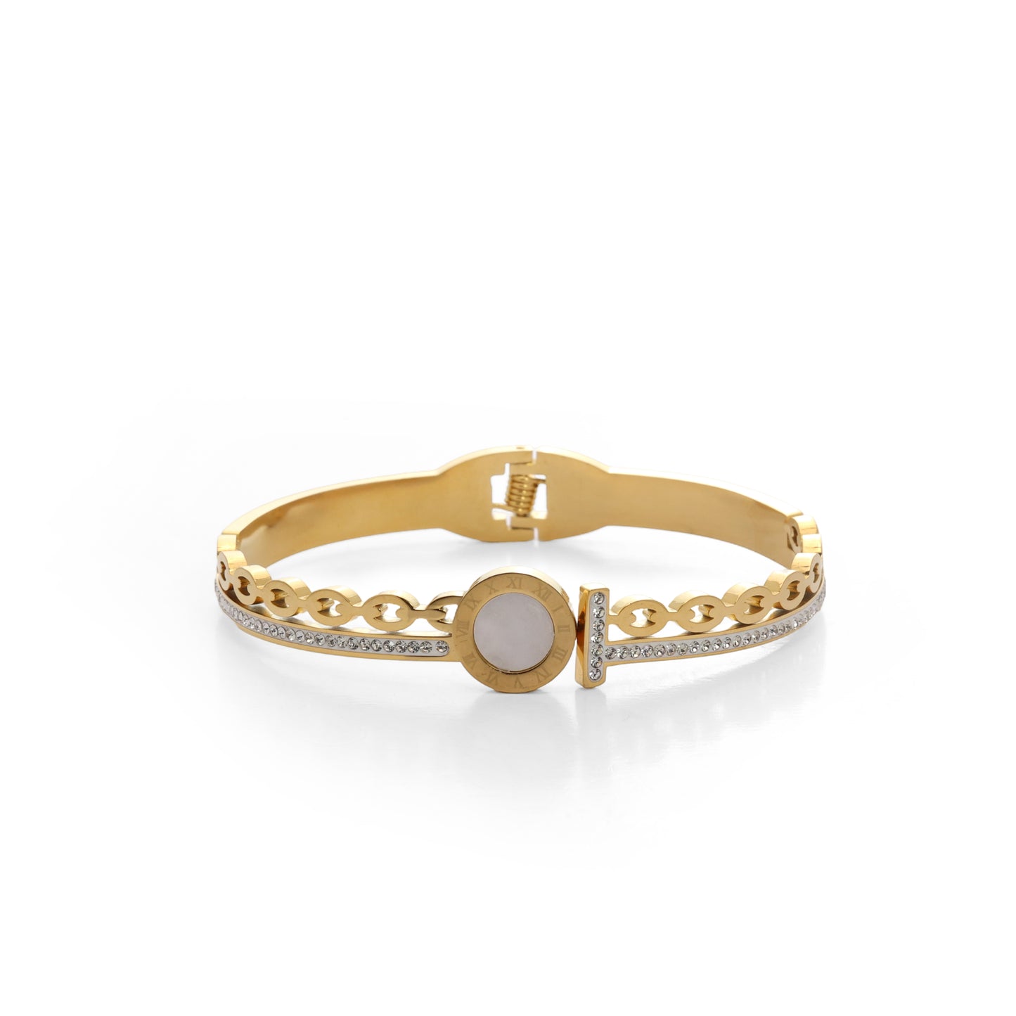 Hightova Elegant Gold-Plated Bracelet with Crystal Accents & Mother-of-Pearl Centerpiece