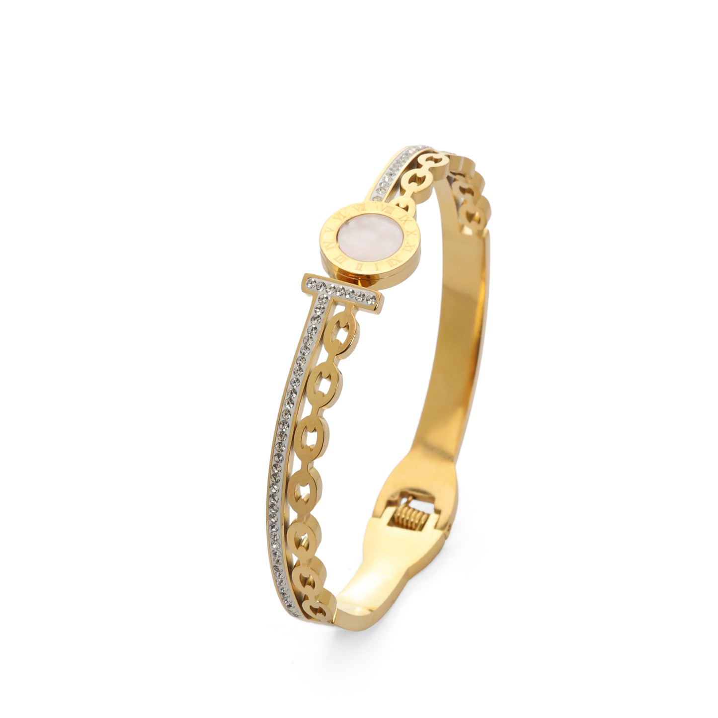 Hightova Elegant Gold-Plated Bracelet with Crystal Accents & Mother-of-Pearl Centerpiece