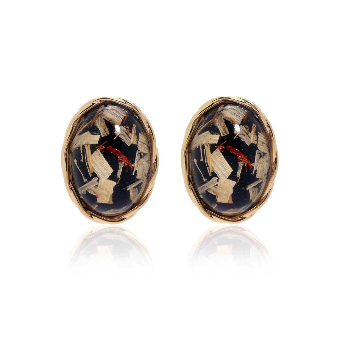 Gold-Plated Oval Resin Stud Earrings with Gold Leaf Detailing