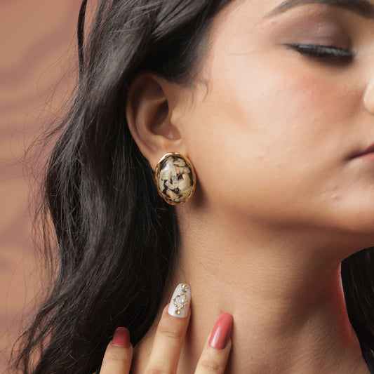 Gold-Plated Oval Resin Stud Earrings with Gold Leaf Detailing