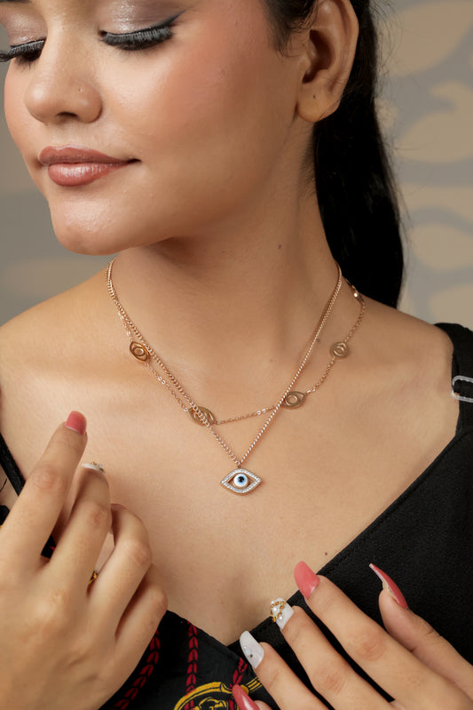 Double Layered Rose Gold Evil Eye Necklace | Artificial Protection Pendant