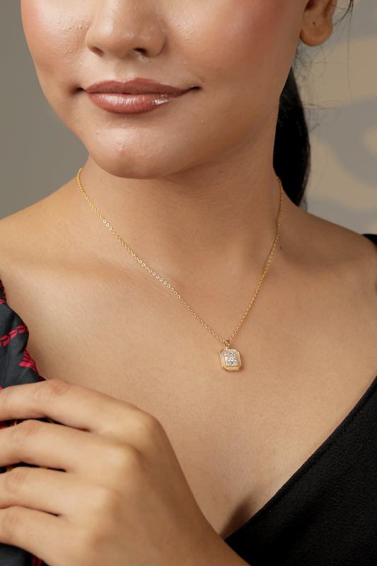 Gold-Toned Rectangular Pendant Necklace with Crystals | Artificial Jewellery