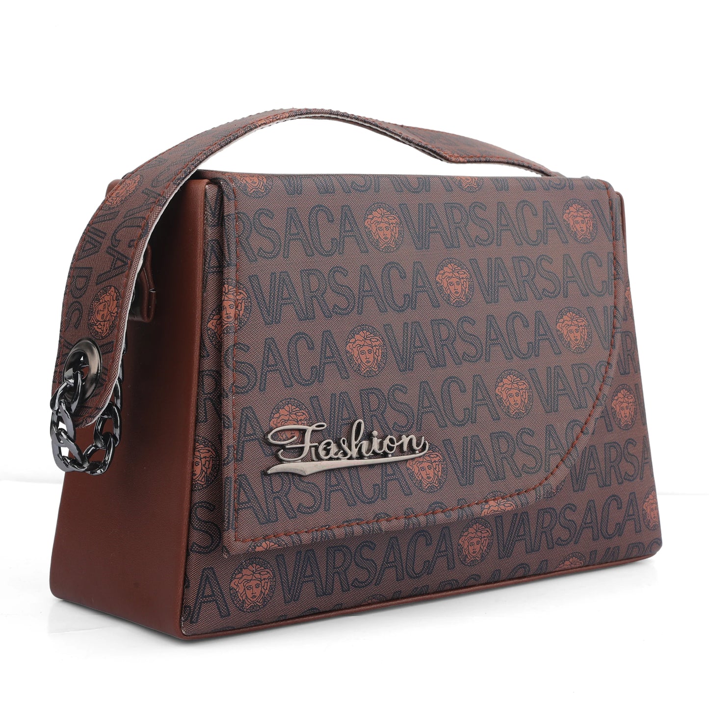 Designer-Inspired Monogram Top Handle Bag with Chain Strap