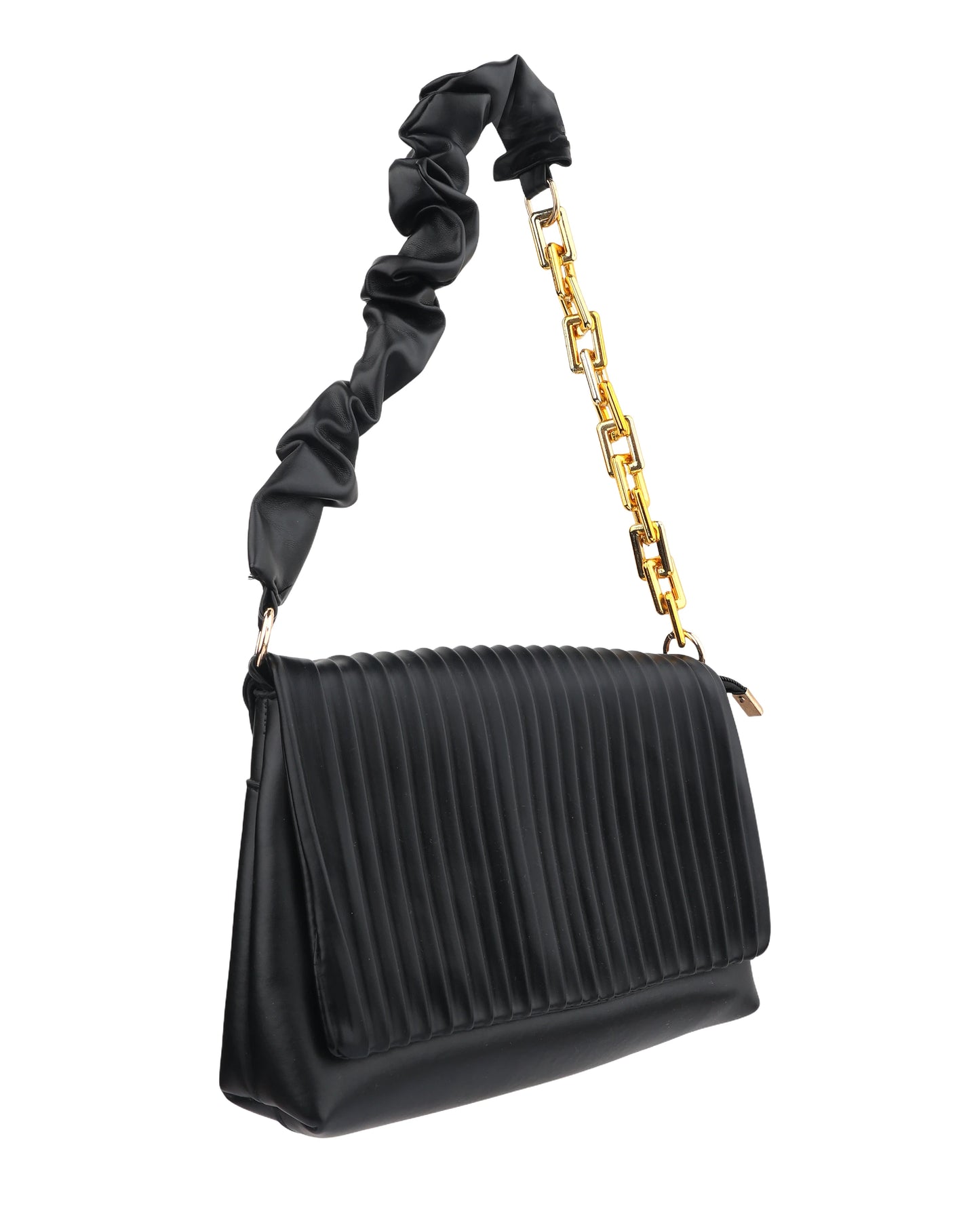Textured Shoulder Bag with Statement Gold Chain Strap