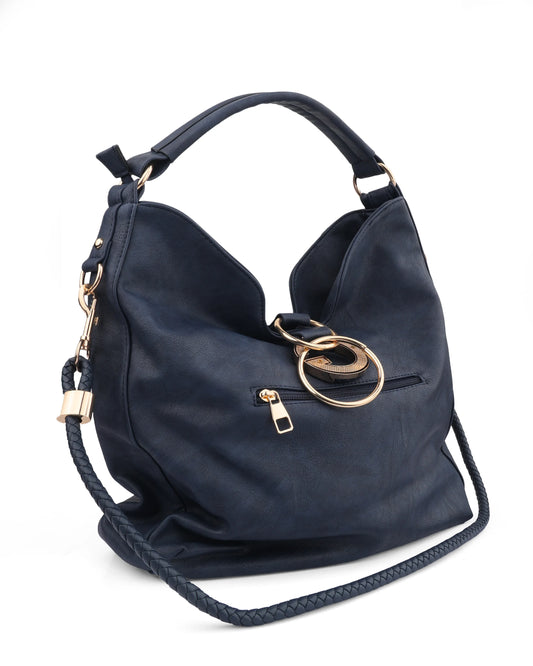 The "Celeste" Ring-Detail Slouchy Hobo Bag - Navy & Gold