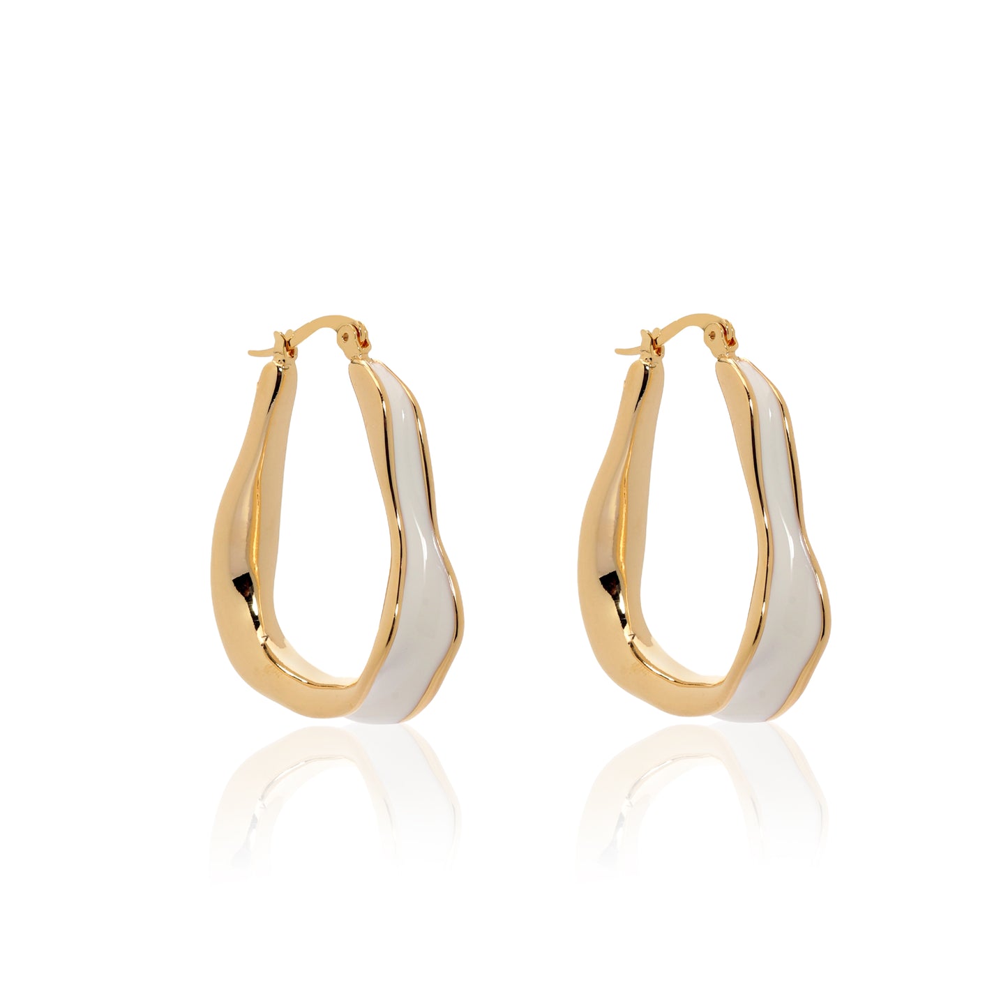 Gold-Plated Twisted White Enamel Hoop Earrings