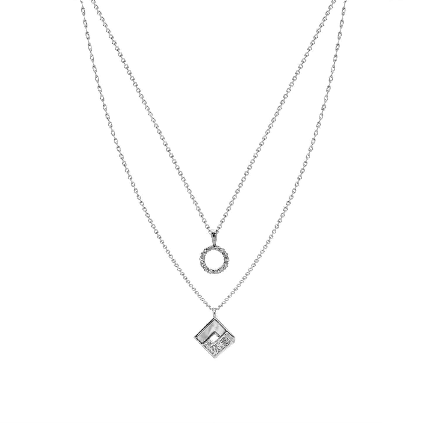 Silver Layered Necklace with Geometric & Circle Zircon Pendants – Elegant Dual Chain Design