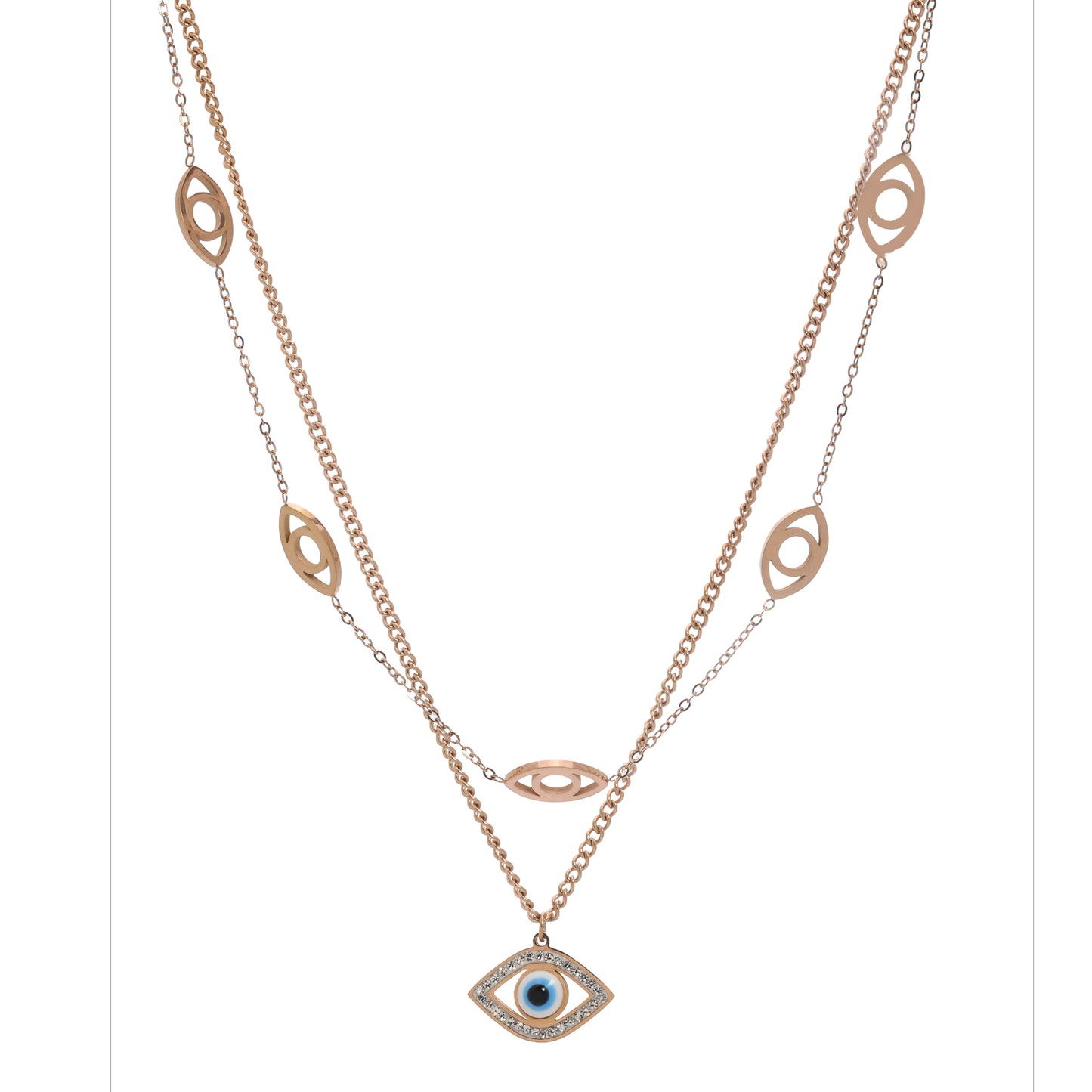 Double Layered Rose Gold Evil Eye Necklace | Artificial Protection Pendant