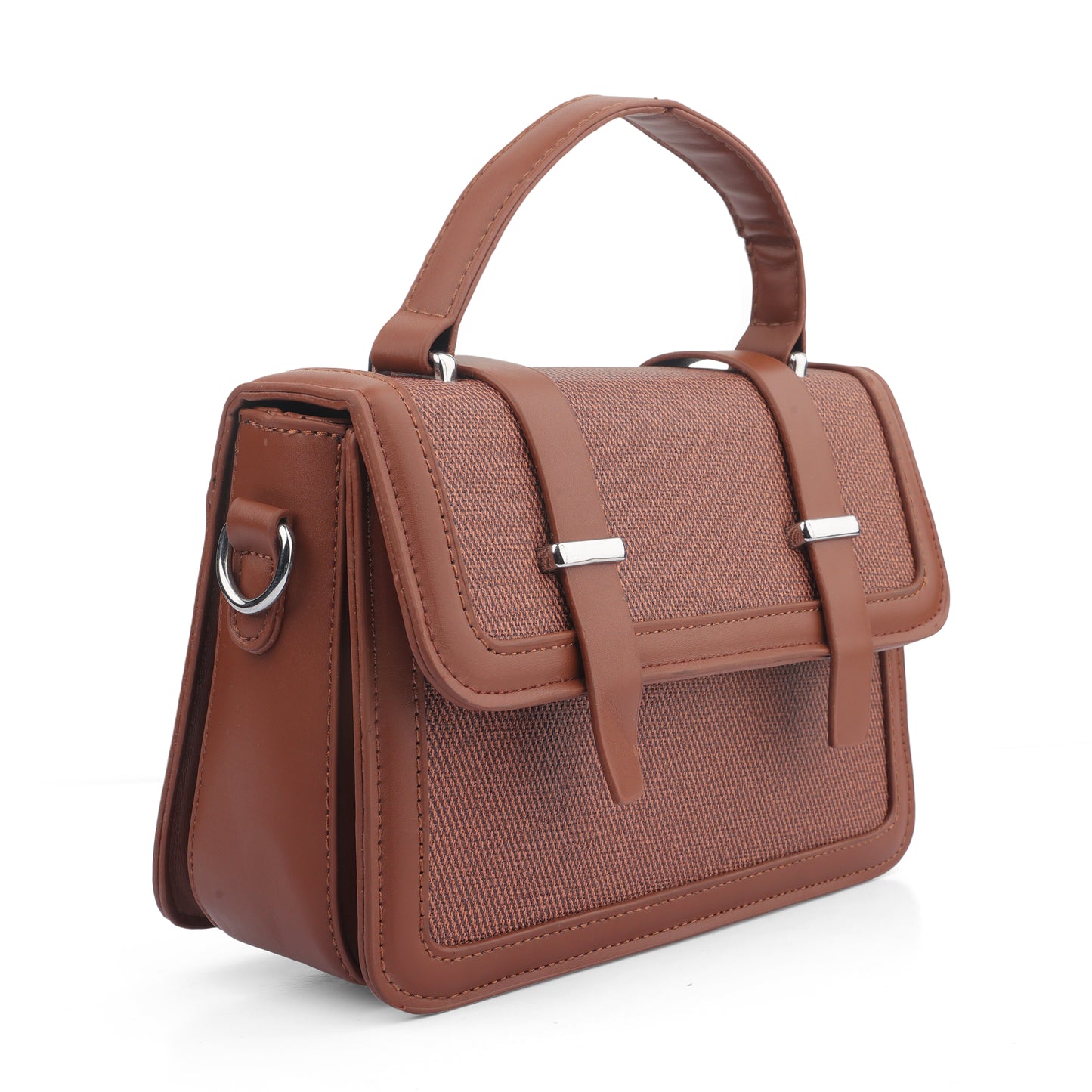 Brown Satchel Handbag for Women - Faux Leather & Canvas