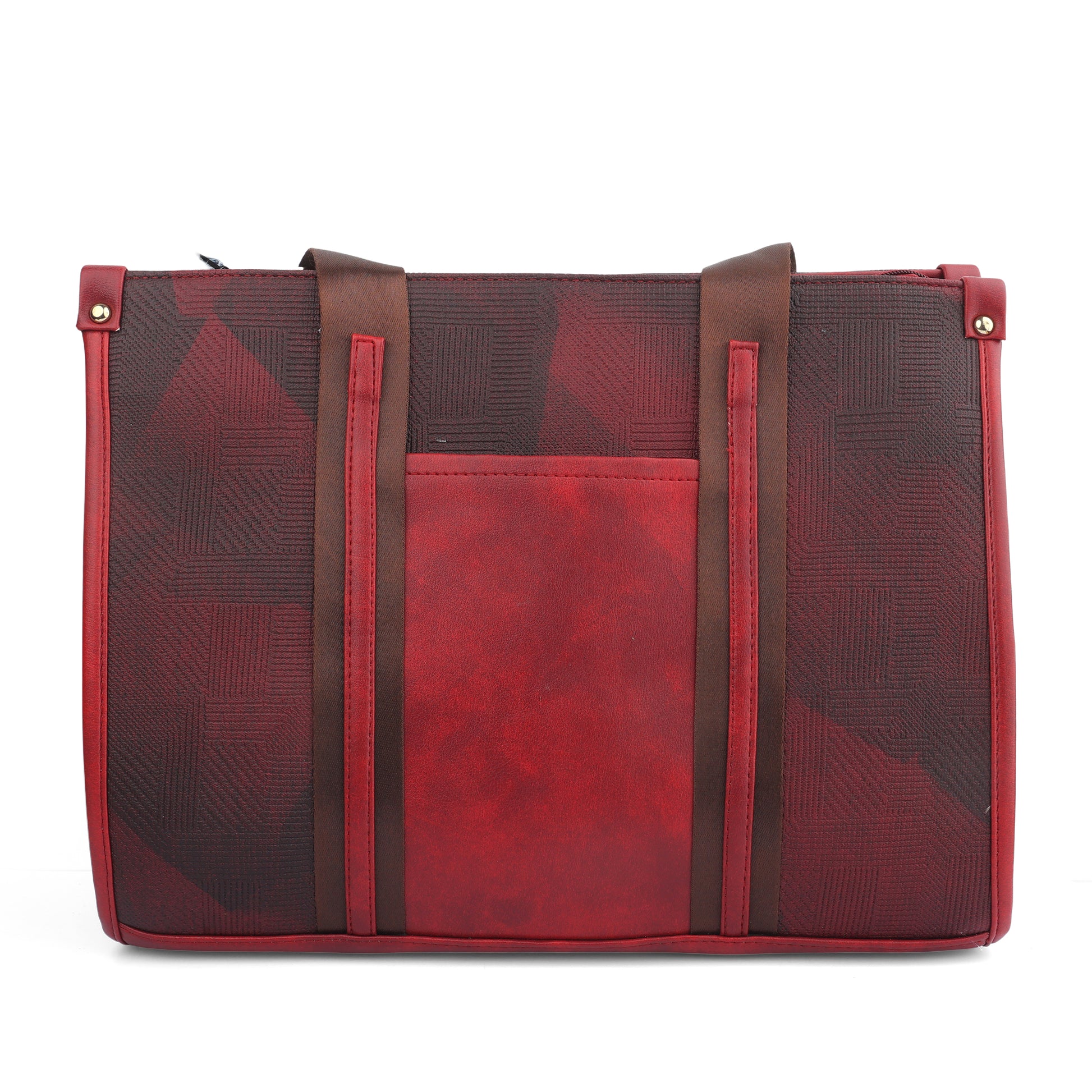 A 2-in-1 ladies handbag set in burgundy and black, featuring a large geometric print tote bag and a matching smaller zippered pouch.