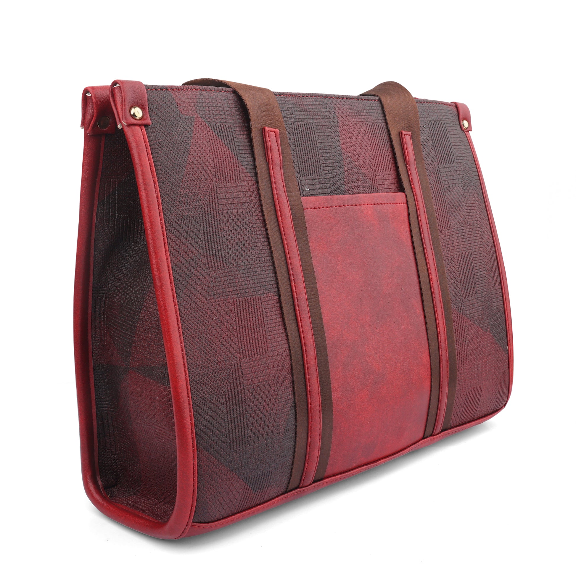 A 2-in-1 ladies handbag set in burgundy and black, featuring a large geometric print tote bag and a matching smaller zippered pouch.