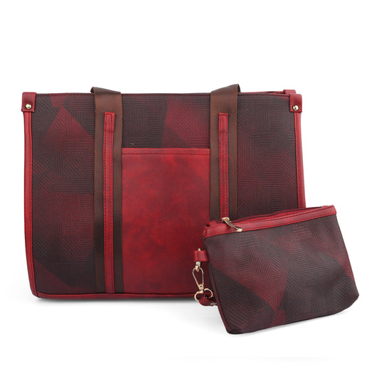 A 2-in-1 ladies handbag set in burgundy and black, featuring a large geometric print tote bag and a matching smaller zippered pouch.